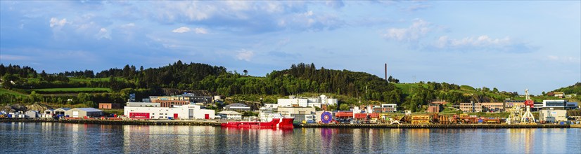 Panorama of Ocean Osprey Offshore Supply Ship in Industrial Zone over FjordSailing, Stavanger,