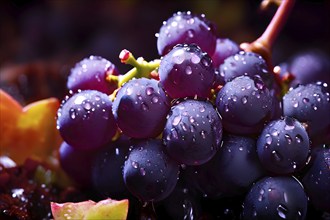 Harvest ready grape bunches with water droplets sparkling in the sunlight, AI generated