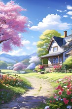 AI generated illustration of colorful countryside houses nestled in a spring or summer scenery with