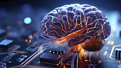 Human brain intricately interlinked with the circuits of a computer board symbolizing artificial