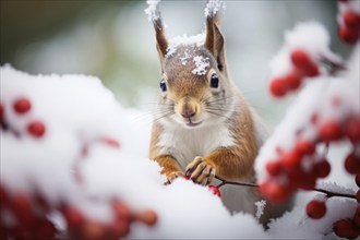 Squirrel sitting in snow covered branch with red berries. KI generiert, generiert, AI generated