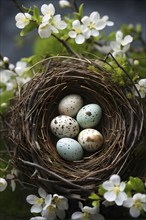 Bird nest filled with speckled eggs, nestled among fresh spring branches and soft moss, AI