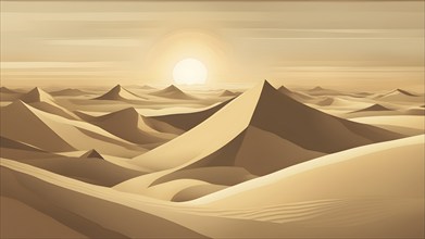 Abstract desert scene with triangular sand dunes and a single circular sun, using sharp lines and