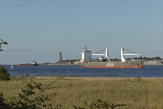 Cargo ships, sailing boat, naval memorial, Laboe, front beach, Friedrichsort, Kiel,