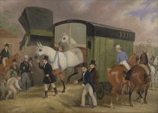 The Derby Pets, Arrival of the Racehorses, 1840, by James Pollard (1792, 1867), Historic, digitally