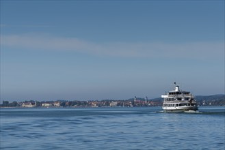 View of Lindau from Bregenz on Lake Constance, excursion boat, Bavaria, Germany, Europe