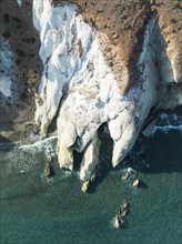 Tuff at the shore of the Mediterranean Sea. Aerial view. Drone shot. Nature Reserve Cabo de