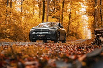 A car drives on a leaf-covered road through an autumn forest, electric car, VW ID 5, Gechingen,