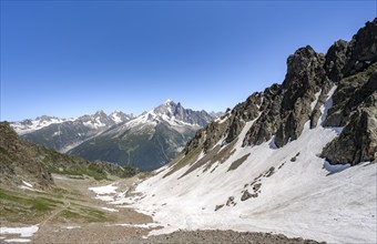 Mountain landscape with snow fields, mountain panorama with mountain peak Aiguille Verte of the