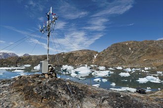 Icebergs, measuring station, Austrian polar station or polar research station Sermilik, Ammassalik