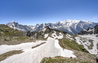 Mountain landscape with snow fields, mountain panorama with mountain peak Aiguille Verte, Grandes