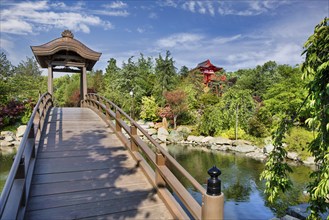 Wooden bridge in japanese park. Krasnodar. Russia