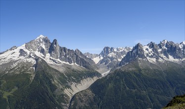 Mountain landscape with mountain peak Aiguille Verte and Grandes Jorasses with glacier Mer de