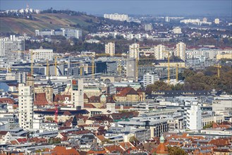 Central station with construction site Stuttgart 21, city centre with collegiate church, town hall