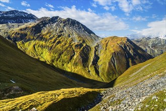 View of pass Furkapass, valley of Urserental, Kanton Uri, Swiss Alps, Switzerland, Europe