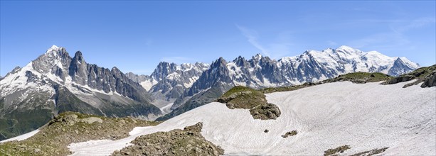 Panorama, Mountain landscape with mountain peak Aiguille Verte, Grandes Jorasses with glacier Mer