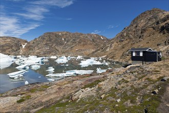 Icebergs, Austrian polar station or polar research station Sermilik, Ammassalik Island, East