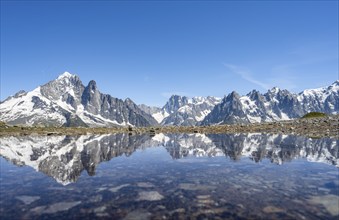 Mountain landscape, reflection in a small mountain lake, mountain peaks Grandes Jorasses and