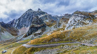 Aerial view of road to border pass Great Sankt Bernhard (Col du Grand Saint-Bernard), valley