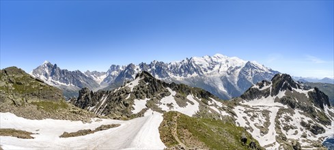 Mountain landscape with snow fields, mountain panorama with mountain peak Aiguille Verte, Grandes