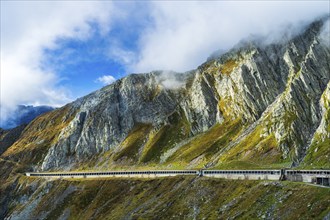 Road to pass Gotthardpass, view of gallery, Valley Leventina, Kanton Tessin, Swiss Alps,