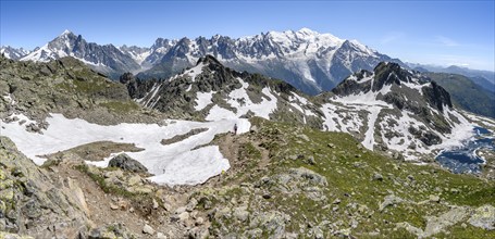 Mountain landscape with snow fields and mountain lake Lac Cornu, mountain panorama with mountain