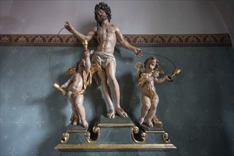 Christ with angel figures, Church of the Holy Blood, Iphofen, Lower Franconia, Bavaria, Germany,