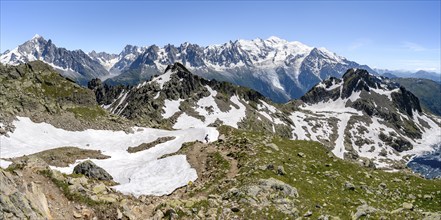 Mountain landscape with snow fields and mountain lake Lac Cornu, mountain panorama with mountain