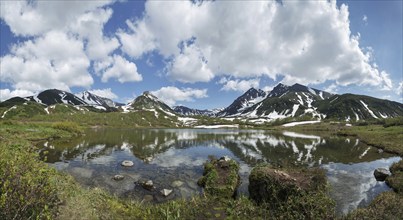 Summer landscape of Kamchatka Peninsula: beautiful panoramic view of Mountain Range Vachkazhets,