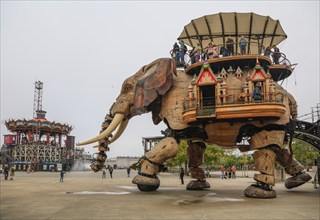 Tourist attraction The Great Elephant and Carrousel des Mondes Marins on the Ile de Nantes in the