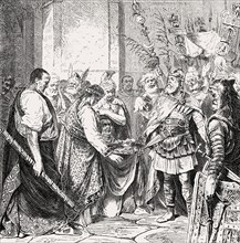 Emperor Flavius Romulus Augustus giving the Crown to Flavius Odoacer, first King of Italy