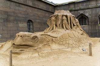 Saint Petersburg, Russia, June 13, 2019: The exhibition of sand sculptures at the Peter and Paul