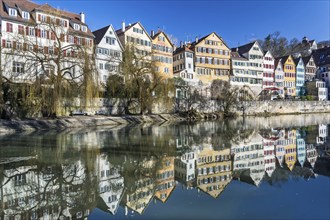 Typical scenic and colourful medieval houses in small Swabian town in southern Germany in front of