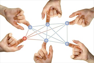 Many hands connected through virtual network with information or virus spreading