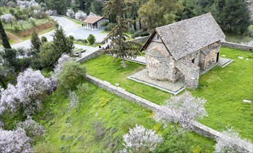 Drone aerial of Greek orthodox church of Panagia Asinou. Nikitari village Cyprus. Church world