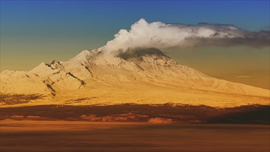 Eruption crater active volcano on Kamchatka Peninsula, winter volcano landscape at sunrise.