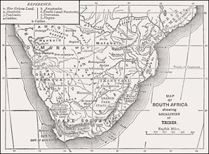 Historical ethnological map of South Africa, 19th century, From British Battles on Land and Sea, by