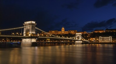 Royal Palace or the Buda Castle and the Chain Bridge after sunset. Budapest Hungary Europe