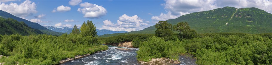 Panorama view of beautiful summer landscape, stream water of mountain river and green forest on