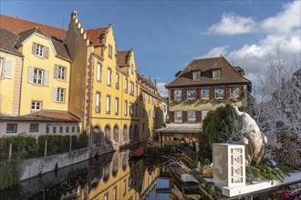 Little Venice with street decorations during the Christmas period in the city of Colmar. Alsace,