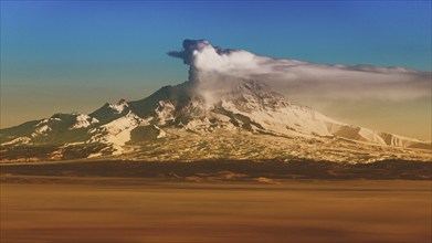 Winter volcanic landscape at sunrise, eruption crater active volcano on Kamchatka Peninsula. Effect