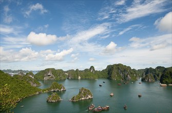 Cruise tourist boats at Halong bay in Vietnam. Halong bay is made of 3000 limestone islands