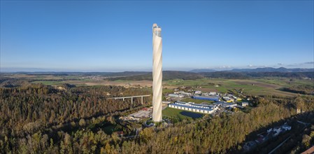 Aerial view, panorama from the 246 metre high TK-Elevator test tower of Thyssenkrupp AG, lift test