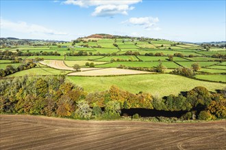 Fields and Farms over River Usk from a drone, Brecon, Brecon Beacons, Powys, Wales, England, United