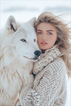 Beautiful young woman in winter coat with blond hair standing with her pet white wolf, AI generated