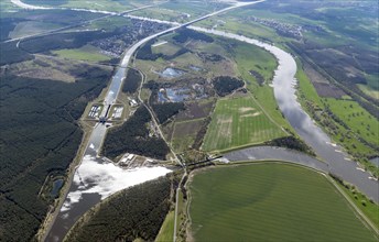 Saxony-Anhalt, Elbe, Mittelland Canal, waterway junction, aerial view, aerial photo, lock, ship