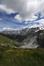 Panoramic view of mountains in summer, Stelvio pass, Stelvio National Park, Stelvio, South Tyrol,