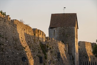 Old city wall with defence defence tower in the evening light, former Hanseatic city of Visby,