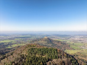 Aerial view from the Albtrauf over a mixed forest on the 956 metre high Raichberg to the Zeugenberg