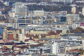 Central station with construction site Stuttgart 21, city centre with collegiate church, town hall